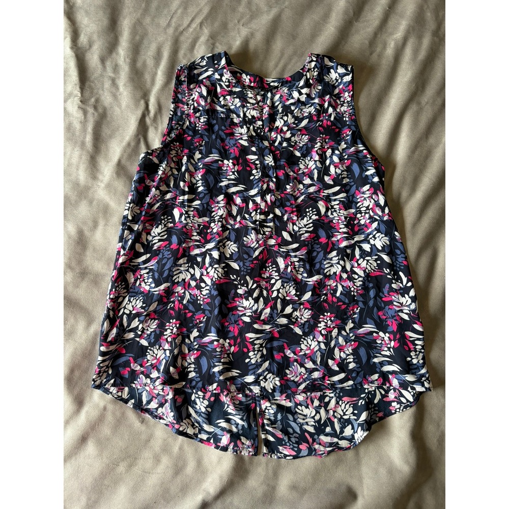 Zac & Rachel Floral Sleeveless Blouse Navy Pink Split Back High Low Top Large